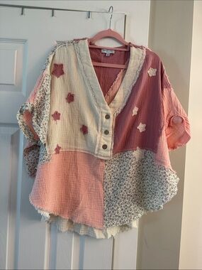 Boho Patchwork Star Tunic – Pink & Cream